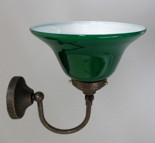 Wandlampe Bogenlampe Messing Antik mit Trichter-Schusterschirm Opalglas Grün Weiss