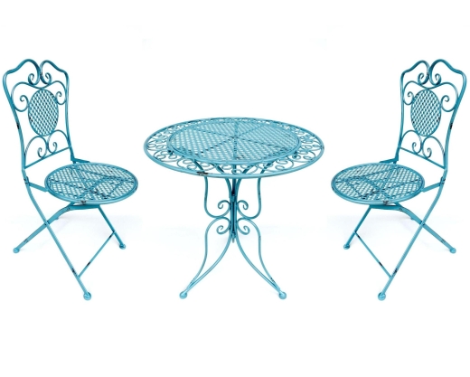 Gartenmöbel Sitzgruppe Metall Eisen 1 Tisch 2 Stühle Balkon Bistro-Set Blau